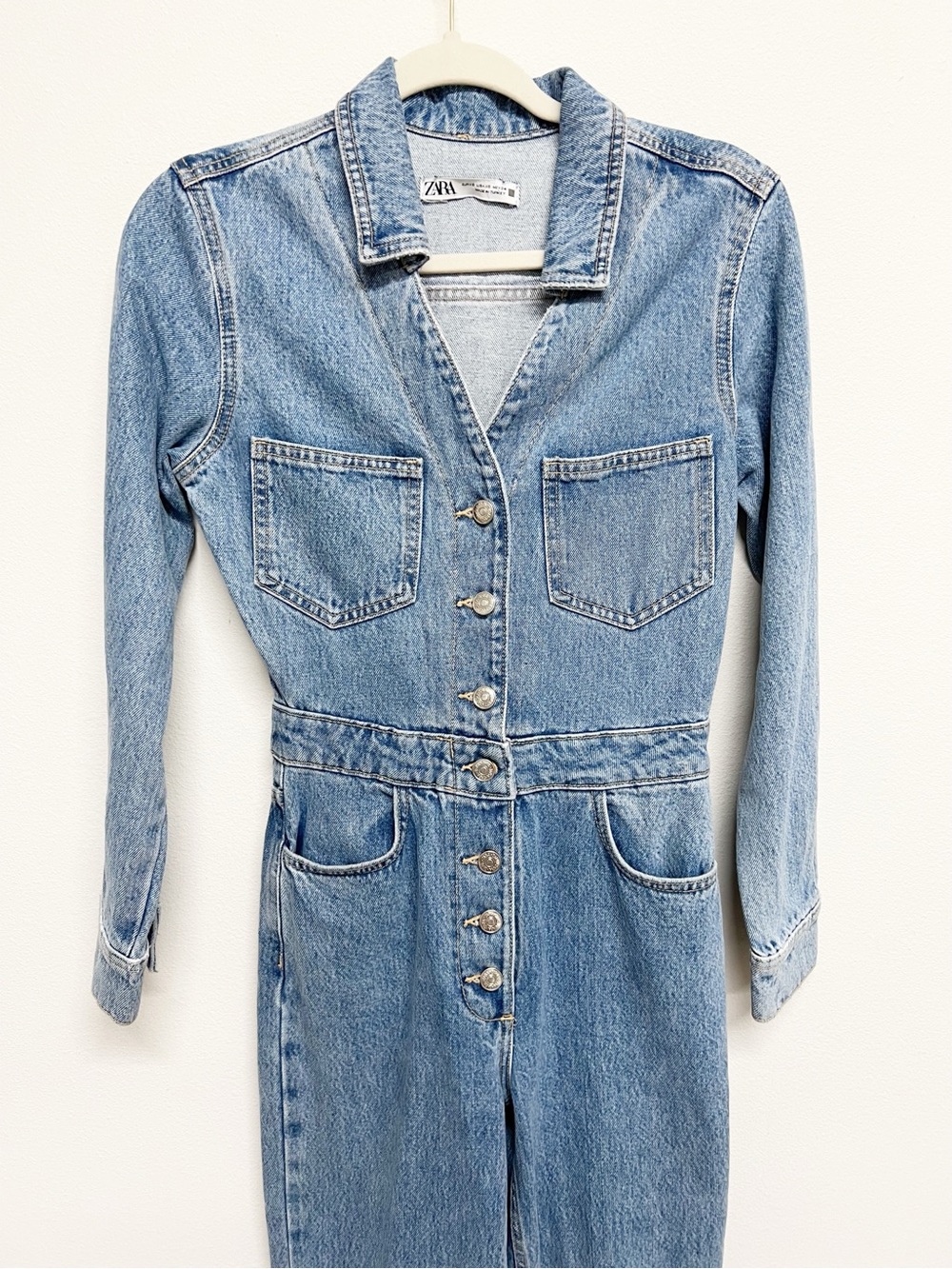 Zara Womens Medium Wash Denim Long Sleeve Denim Jumpsuit Size XS - Picture 2 of 7